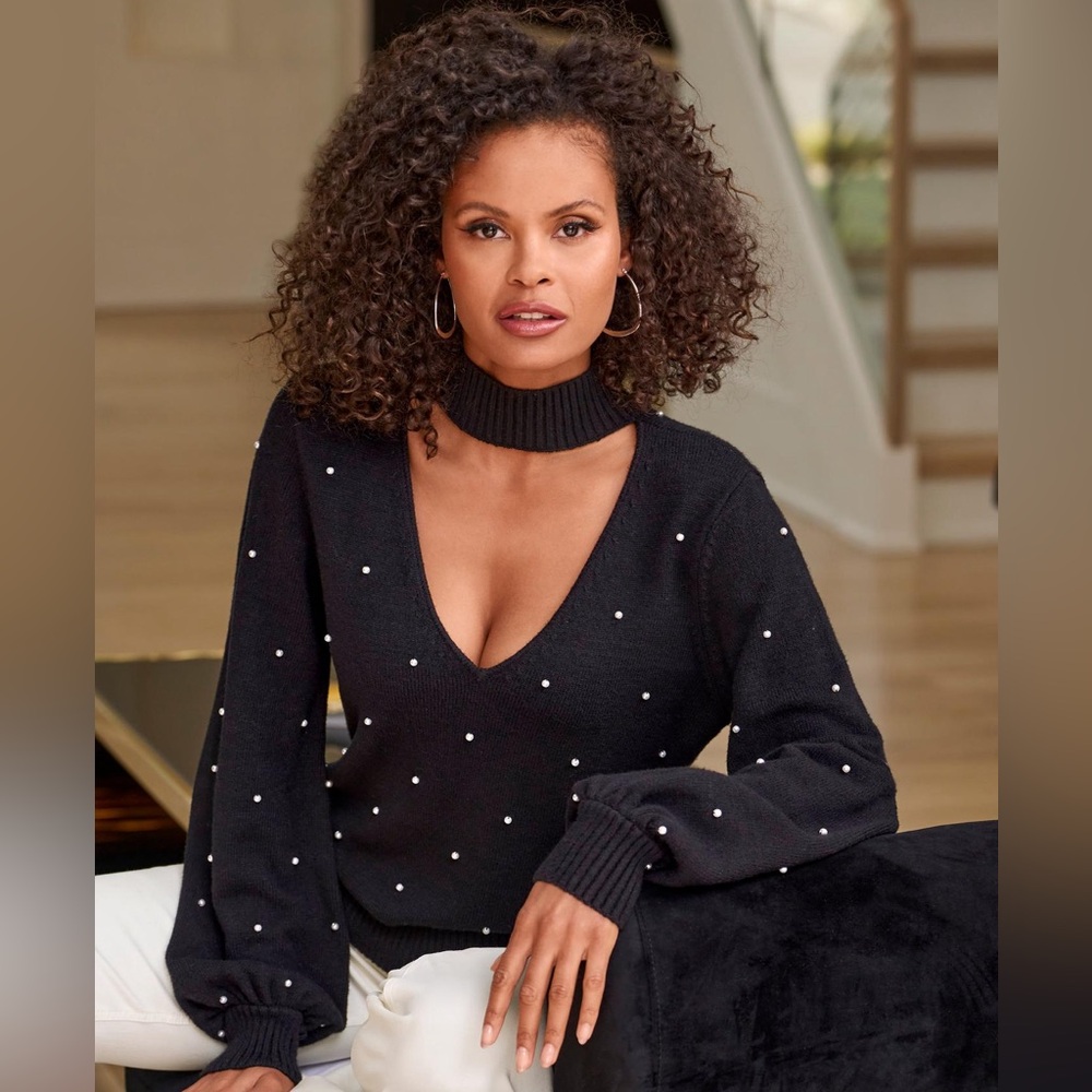 Boston Proper Black All Over Pearl Embellished Keyhole Sweater Sz M